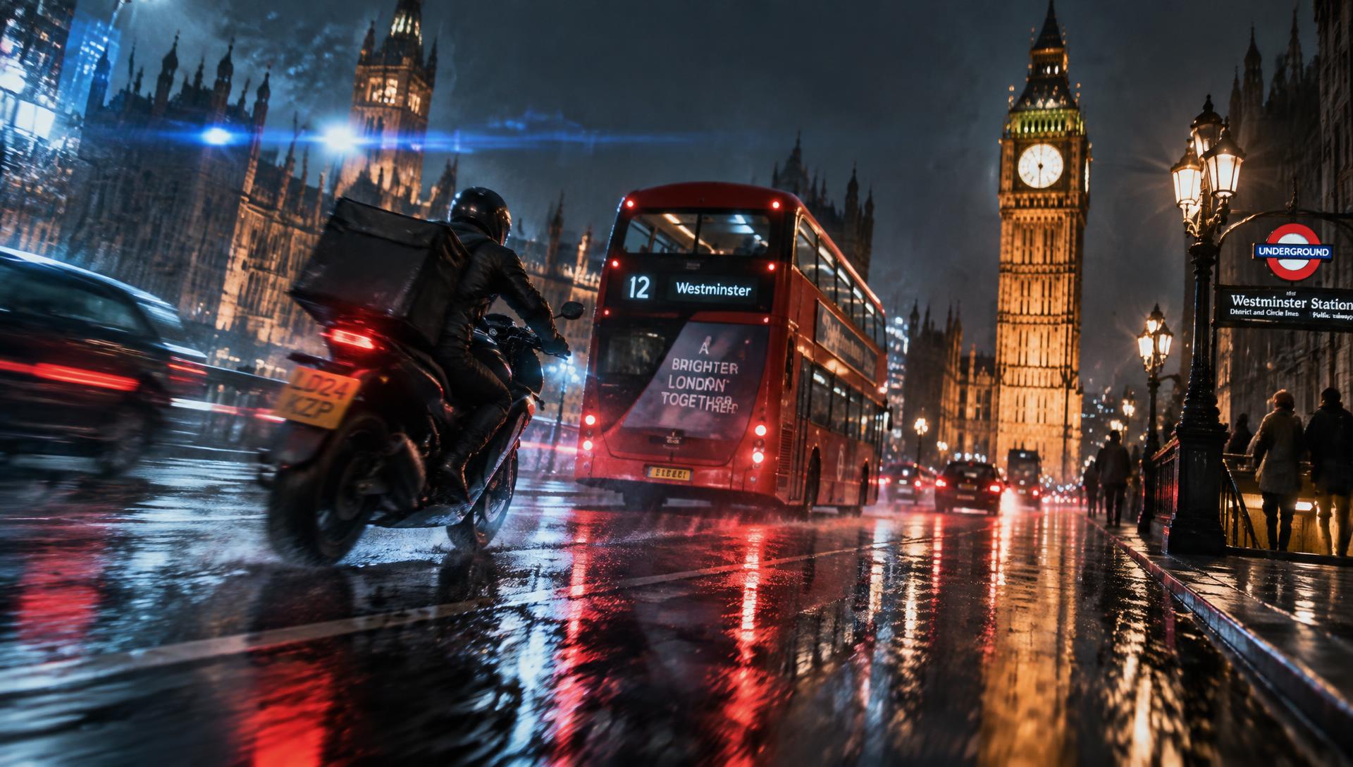 A TENOCA motorbike courier racing past Big Ben on a rain-soaked London night